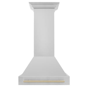 ZLINE Autograph Edition 30 in. Stainless Steel Range Hood with Stainless Steel Shell and Polished Gold Handle (8654STZ-30-G) front.