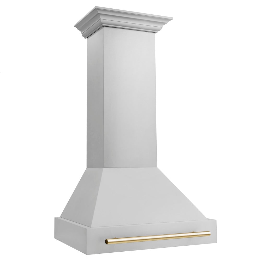 ZLINE Autograph Edition 30 in. Stainless Steel Range Hood with Stainless Steel Shell and Polished Gold Handle (8654STZ-30-G) side.