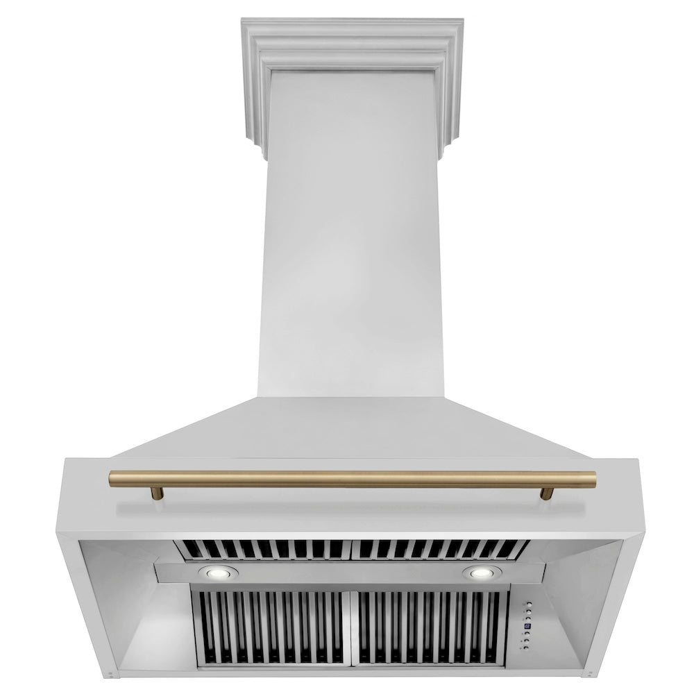 ZLINE Autograph Edition 36 in. Stainless Steel Range Hood with Stainless Steel Shell and Champagne Bronze Handle (8654STZ-36-CB) front, under.