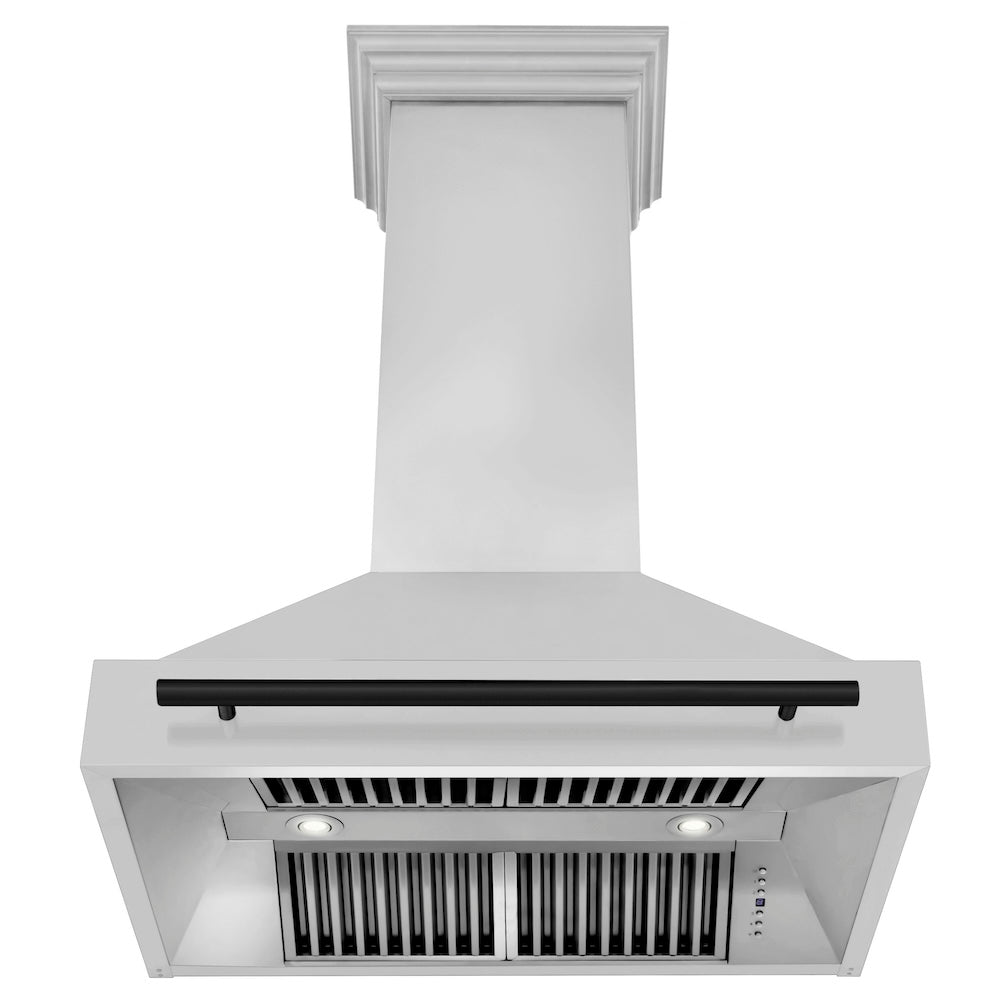 ZLINE Autograph Edition 36 in. Stainless Steel Range Hood with Stainless Steel Shell and Matte Black Handle (8654STZ-36-MB) front, under.