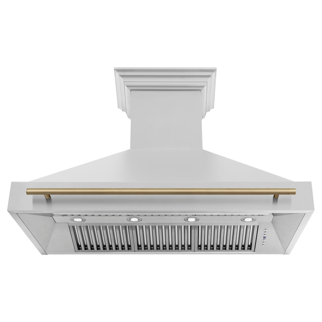 ZLINE Autograph Edition 48 in. Stainless Steel Range Hood with Stainless Steel Shell and Champagne Bronze Handle (8654STZ-48-CB) front, under.