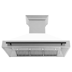 ZLINE Autograph Edition 48 in. Satin Stainless Steel Wall Mount Range Hood with White Matte Shell and Matte Black Handle (8654SNZ-WM48-MB) front, under.