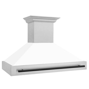 ZLINE Autograph Edition 48 in. Satin Stainless Steel Wall Mount Range Hood with White Matte Shell and Matte Black Handle (8654SNZ-WM48-MB) side.