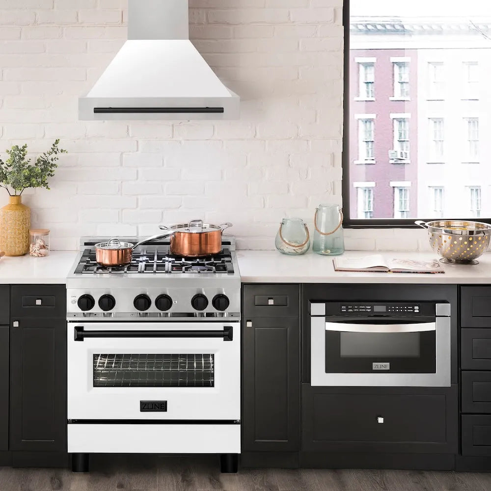 ZLINE Autograph Edition 30 in. Stainless Steel Range Hood with White Matte Shell and Matte Black Handle (8654STZ-WM30-MB) in a luxury kitchen.