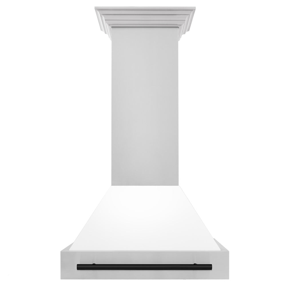 ZLINE Autograph Edition 30 in. Stainless Steel Range Hood with White Matte Shell and Matte Black Handle (8654STZ-WM30-MB) front.