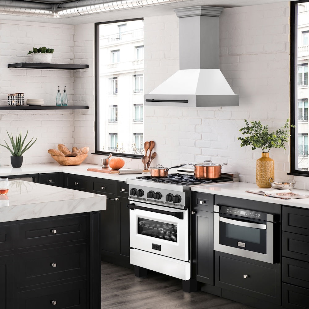 ZLINE Autograph Edition 30 in. Stainless Steel Range Hood with White Matte Shell and Matte Black Handle (8654STZ-WM30-MB) in a luxury kitchen.
