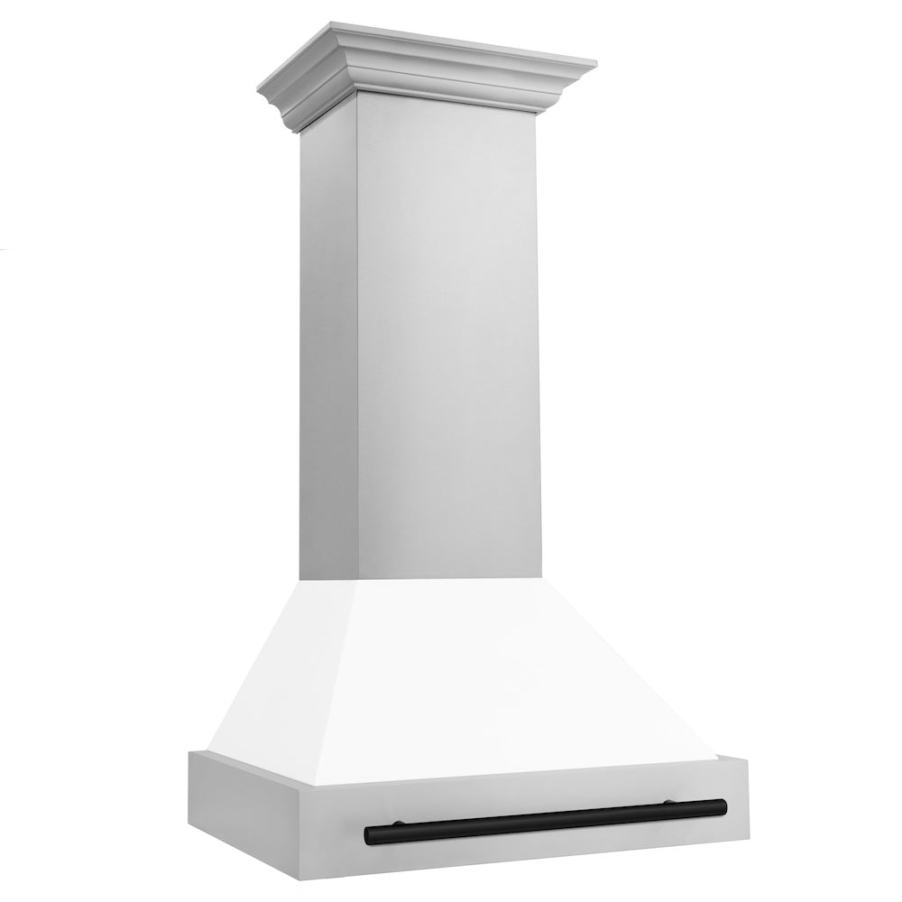 ZLINE Autograph Edition 30 in. Stainless Steel Range Hood with White Matte Shell and Matte Black Handle (8654STZ-WM30-MB) side.