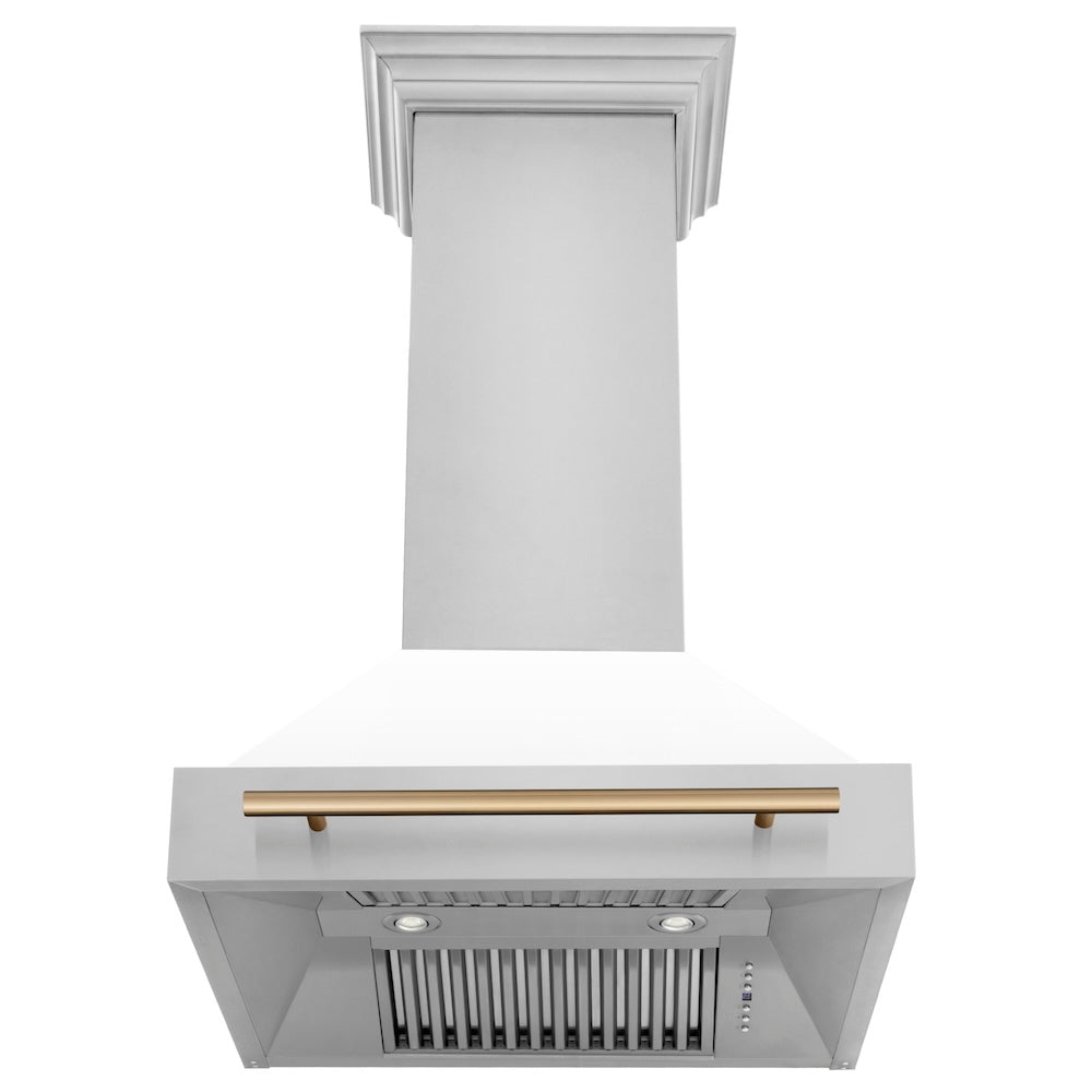 ZLINE Autograph Edition 30 in. Stainless Steel Range Hood with White Matte Shell and Champagne Bronze Handle front, under.