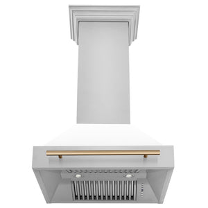 ZLINE Autograph Edition 30 in. Stainless Steel Range Hood with White Matte Shell and Champagne Bronze Handle front, under.