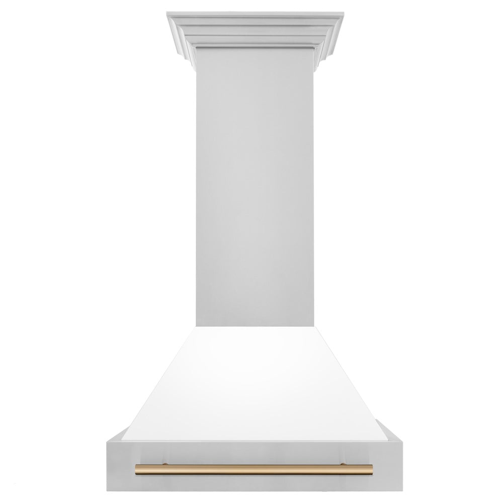 ZLINE Autograph Edition 30 in. Stainless Steel Range Hood with White Matte Shell and Champagne Bronze Handle front.