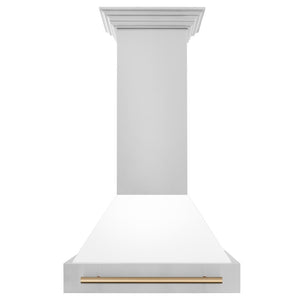 ZLINE Autograph Edition 30 in. Stainless Steel Range Hood with White Matte Shell and Champagne Bronze Handle front.
