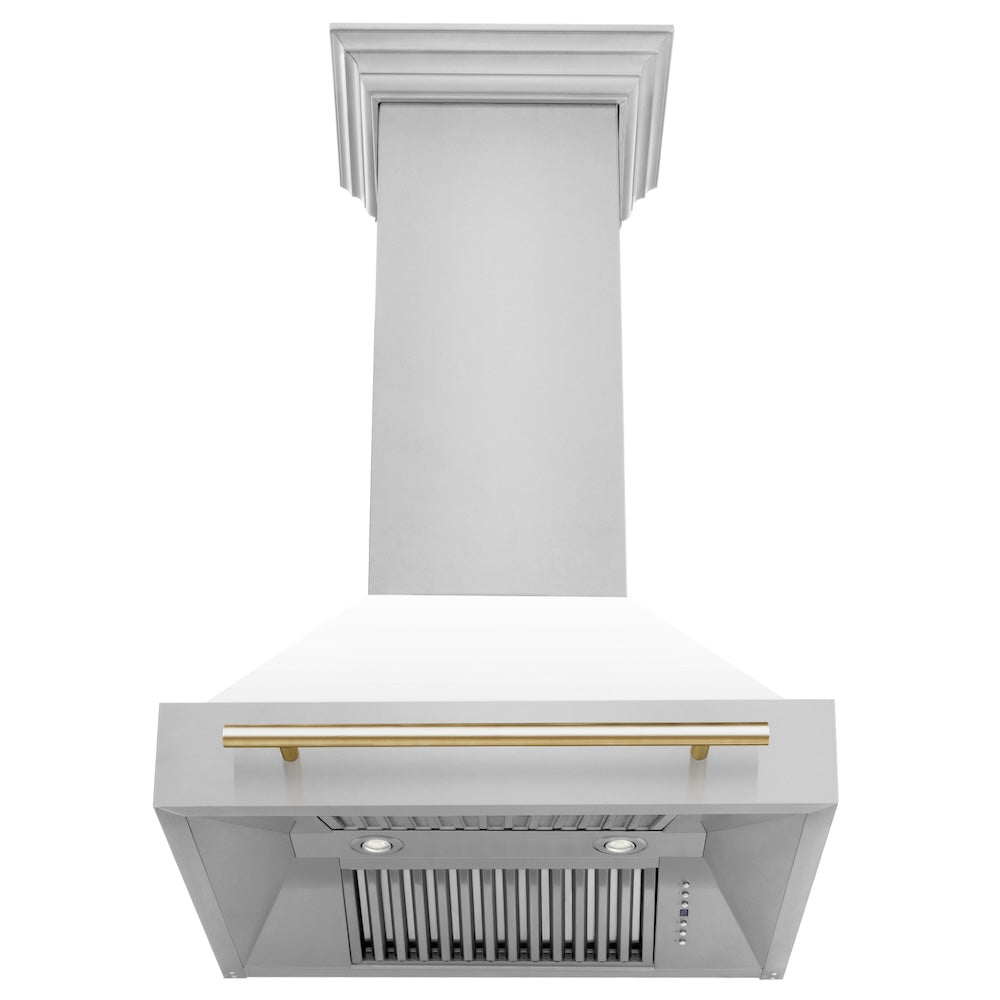 ZLINE Autograph Edition 30 in. Stainless Steel Range Hood with White Matte Shell and Polished Gold Handle front, under.