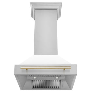 ZLINE Autograph Edition 30 in. Stainless Steel Range Hood with White Matte Shell and Polished Gold Handle front, under.