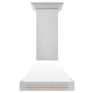 ZLINE Autograph Edition 30 in. Stainless Steel Range Hood with White Matte Shell and Polished Gold Handle front.