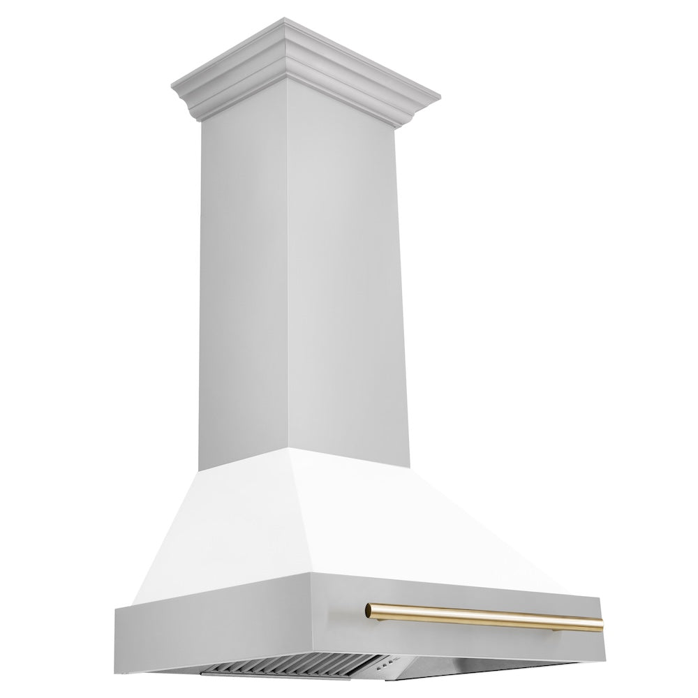ZLINE Autograph Edition 30 in. Stainless Steel Range Hood with White Matte Shell and Polished Gold Handle