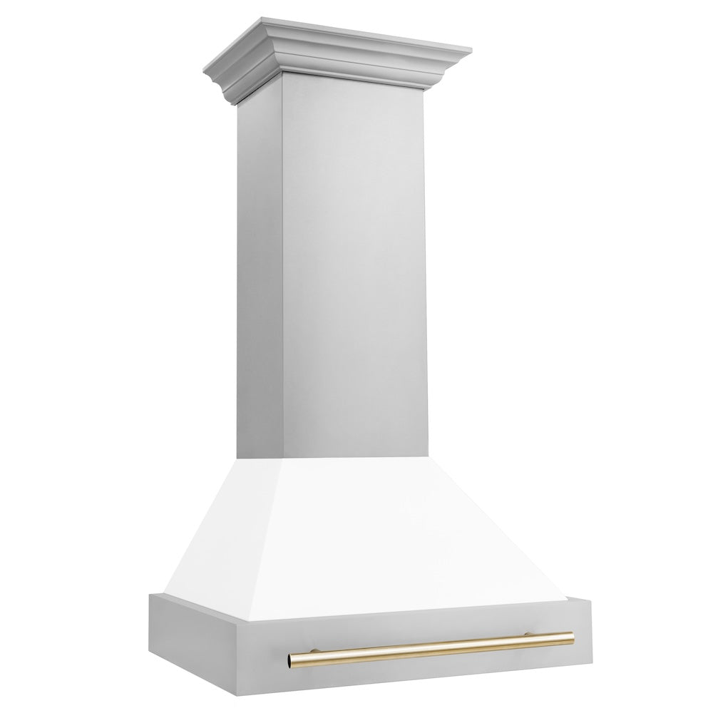 ZLINE Autograph Edition 30 in. Stainless Steel Range Hood with White Matte Shell and Polished Gold Handle side.