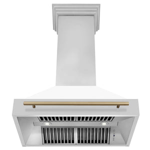 ZLINE Autograph Edition 36 in. Stainless Steel Range Hood with White Matte Shell and Champagne Bronze Handle (8654STZ-WM36-CB) front, under.