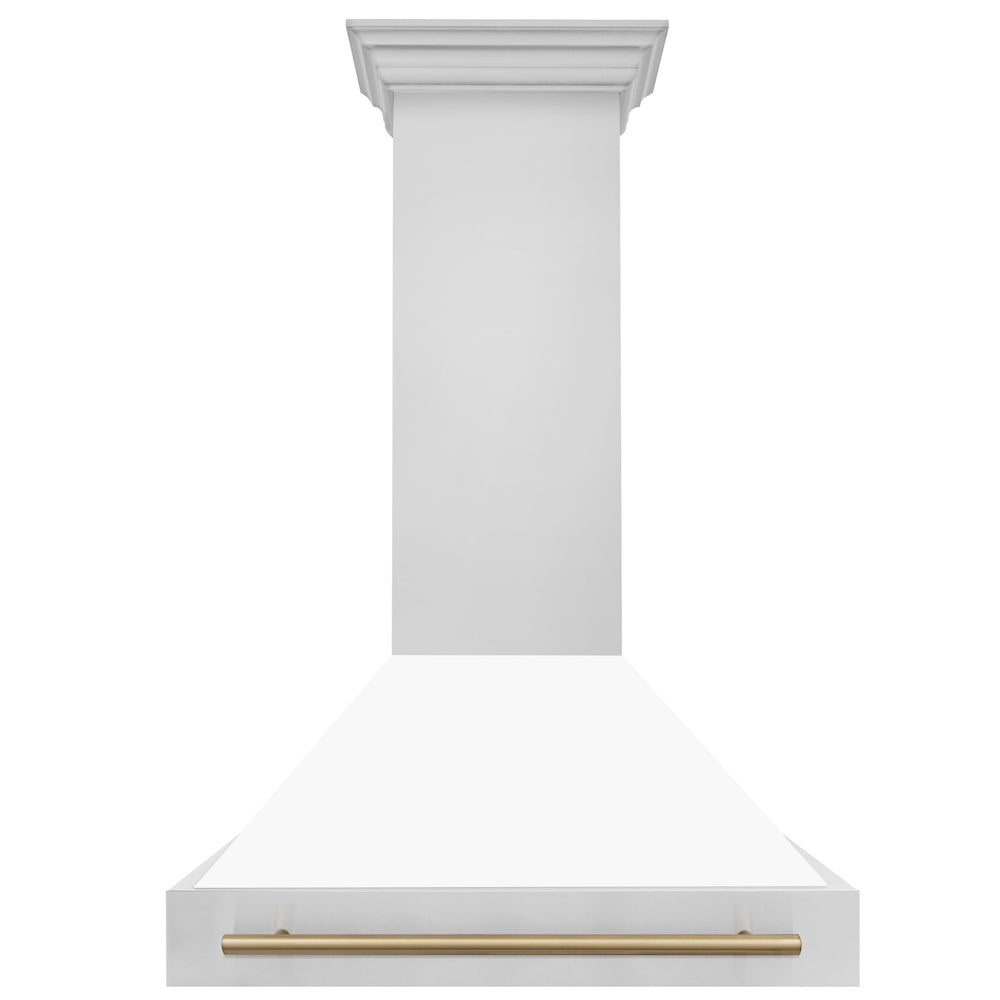ZLINE Autograph Edition 36 in. Stainless Steel Range Hood with White Matte Shell and Champagne Bronze Handle (8654STZ-WM36-CB) front.