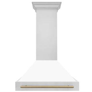 ZLINE Autograph Edition 36 in. Stainless Steel Range Hood with White Matte Shell and Champagne Bronze Handle (8654STZ-WM36-CB) front.