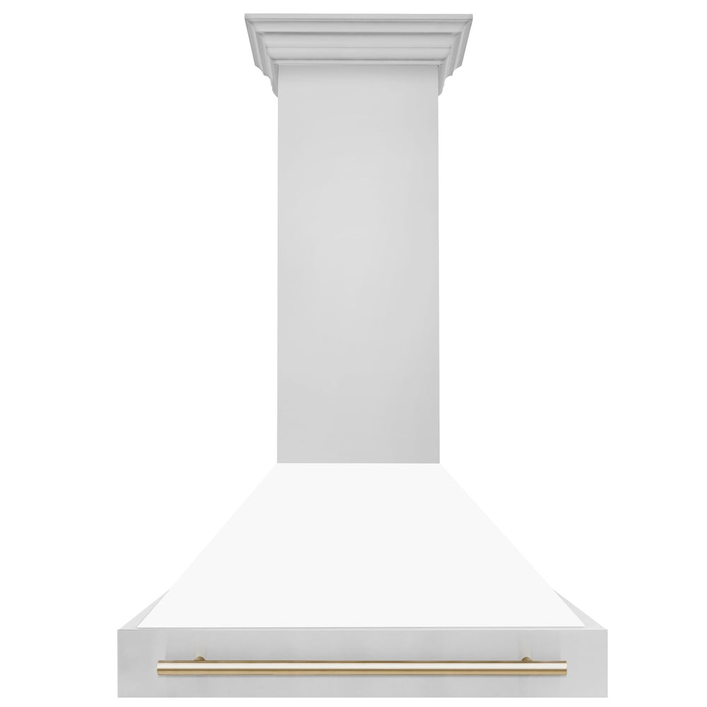 ZLINE Autograph Edition 36 in. Stainless Steel Range Hood with White Matte Shell and Polished Gold Handle (8654STZ-WM36-G) front.