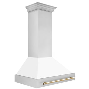 ZLINE Autograph Edition 36 in. Stainless Steel Range Hood with White Matte Shell and Polished Gold Handle (8654STZ-WM36-G) side.