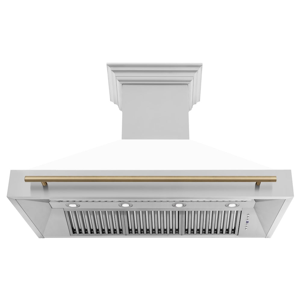 ZLINE Autograph Edition 48 in. Stainless Steel Range Hood with White Matte Shell and Champagne Bronze Handle (8654STZ-WM48-CB) front, under.