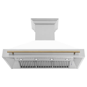 ZLINE Autograph Edition 48 in. Stainless Steel Range Hood with White Matte Shell and Champagne Bronze Handle (8654STZ-WM48-CB) front, under.