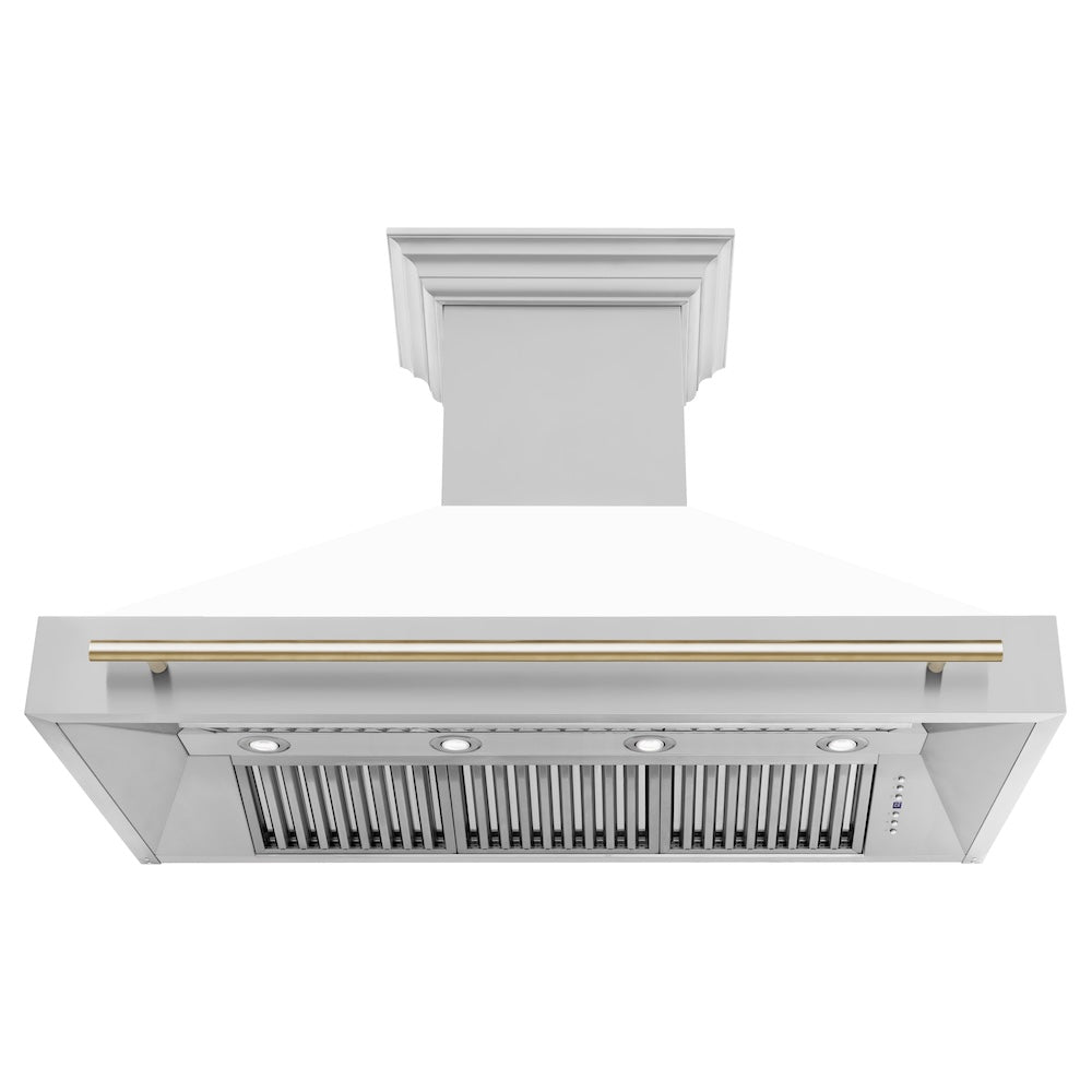 ZLINE Autograph Edition 48 in. Stainless Steel Range Hood with White Matte Shell and Polished Gold Handle (8654STZ-WM48-G) front, under.