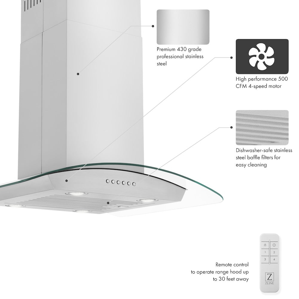 ZLINE 30 in. Alpine Series Convertible Island Mount Range Hood in Stainless Steel and Glass (ALP70IS-30)