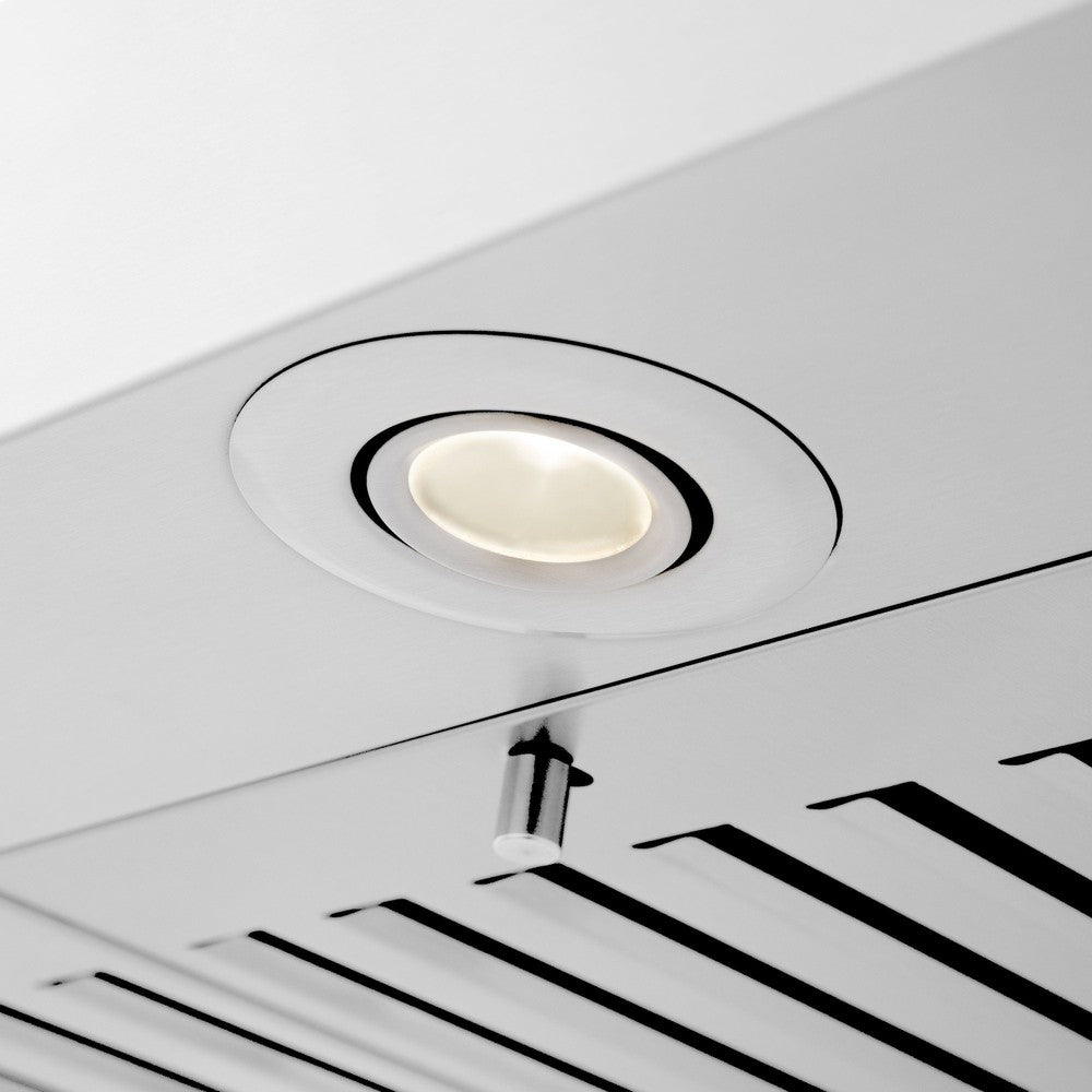 ZLINE 48 in. Convertible Vent Wall Mount Range Hood in Stainless Steel with Crown Molding (KECRN-48) built-in lighting.