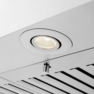 ZLINE 48 in. Convertible Vent Wall Mount Range Hood in Stainless Steel with Crown Molding (KECRN-48) built-in lighting.