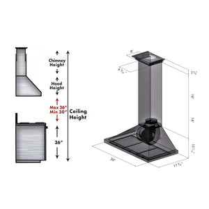 ZLINE 30 in. Convertible Vent Wall Mount Range Hood in Stainless Steel with Crown Molding (KBCRN-30) dimensional diagram.
