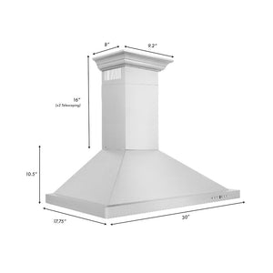 ZLINE 30 in. Convertible Vent Wall Mount Range Hood in Stainless Steel with Crown Molding (KBCRN-30) dimensional diagram.