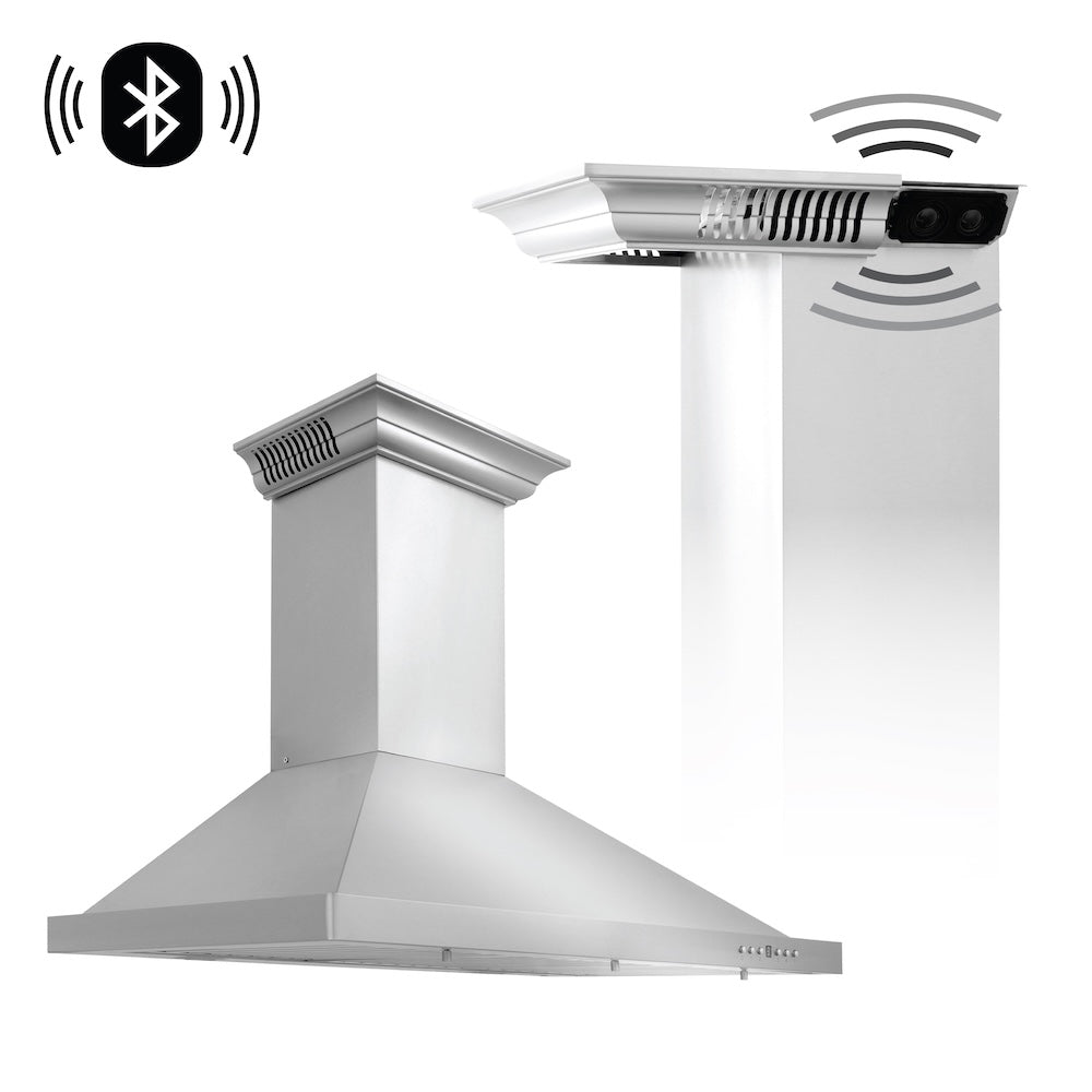 ZLINE 36 in. CrownSound™ Ducted Vent Wall Mount Range Hood in Stainless Steel with Built-in Bluetooth Speakers (KBCRN-BT-36)
