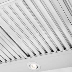 ZLINE 48 in. Ducted Professional Wall Mount Range Hood in Stainless Steel (KECOM-48) close-up, baffle filters.