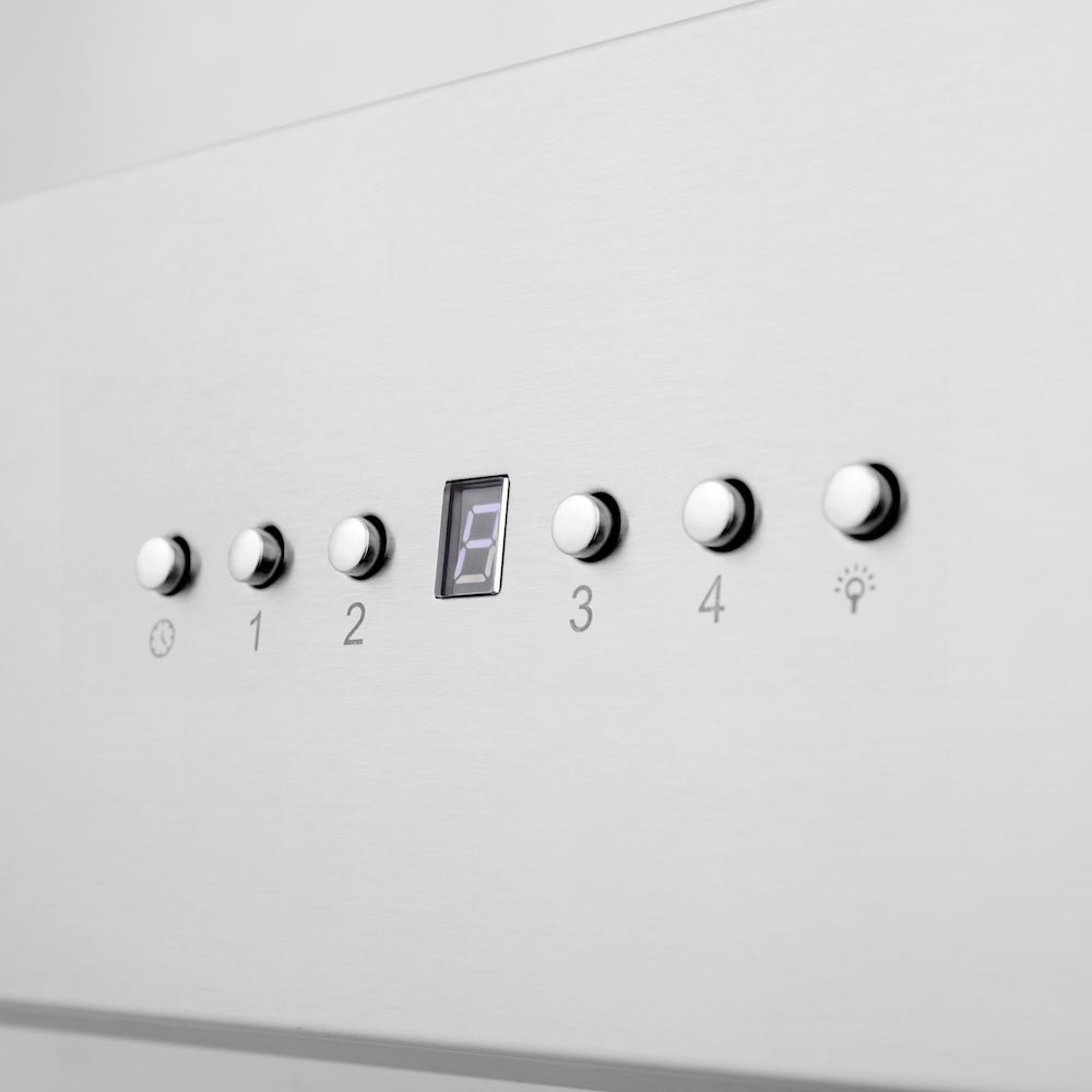 ZLINE 48 in. Ducted Professional Wall Mount Range Hood in Stainless Steel (KECOM-48) close-up, buttons.