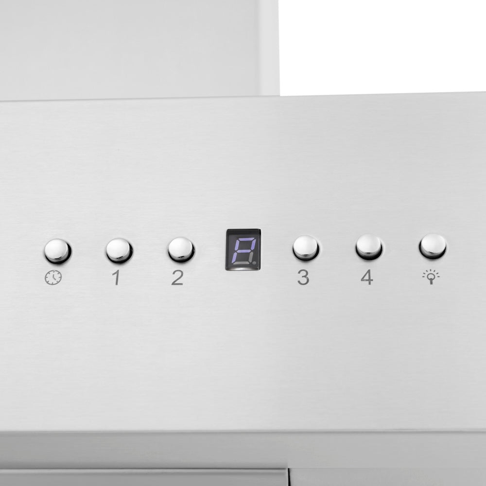 ZLINE 36 in. Ducted Professional Wall Mount Range Hood in Stainless Steel (KECOM-36) buttons and display.