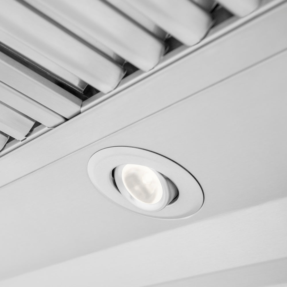 ZLINE 48 in. Ducted Professional Wall Mount Range Hood in Stainless Steel (KECOM-48) built-in lighting.