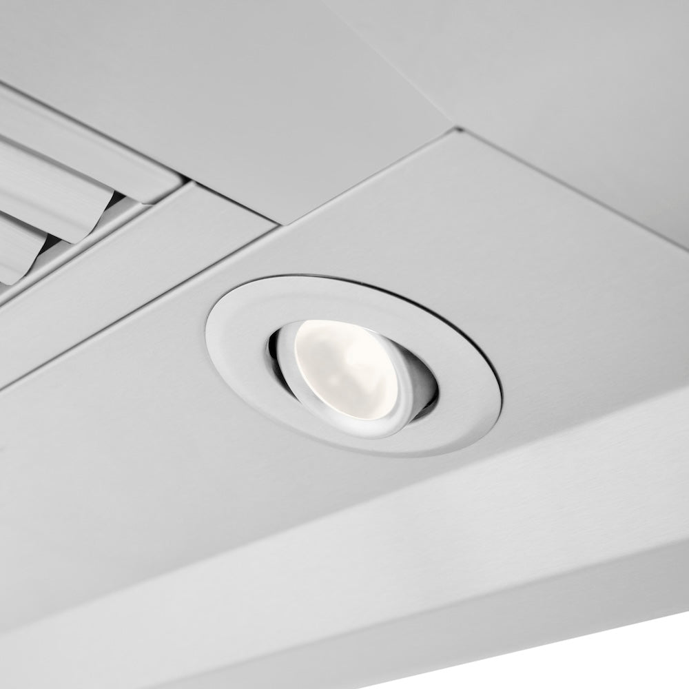 ZLINE 36 in. Ducted Professional Wall Mount Range Hood in Stainless Steel (KECOM-36) close-up, built-in LED lighting.