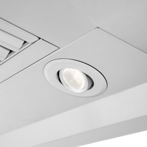 ZLINE 36 in. Ducted Professional Wall Mount Range Hood in Stainless Steel (KECOM-36) close-up, built-in LED lighting.