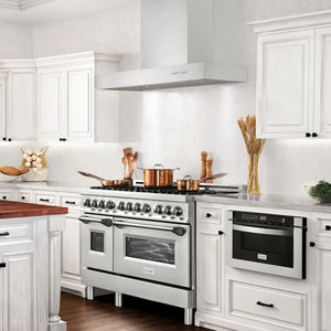 ZLINE 48 in. Ducted Professional Wall Mount Range Hood in Stainless Steel (KECOM-48) side, in a luxury kitchen.