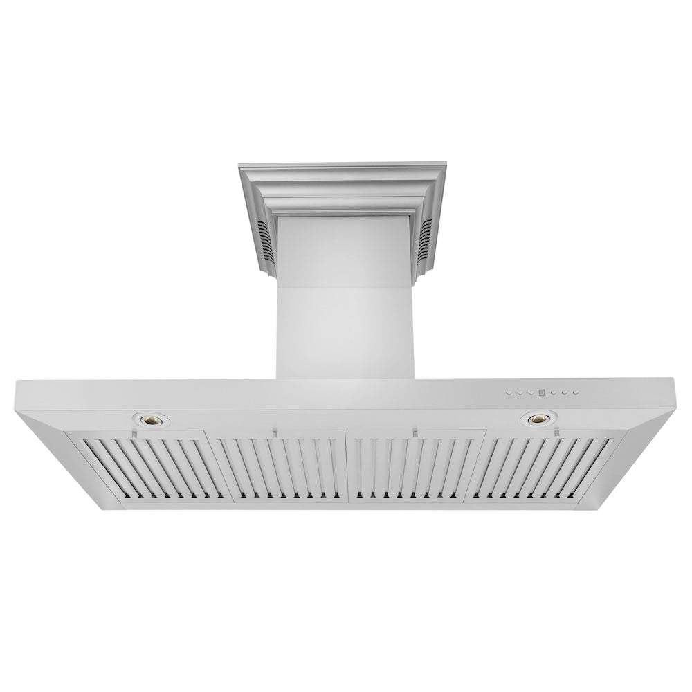 ZLINE 48 in. CrownSound™ Ducted Vent Wall Mount Range Hood in Stainless Steel with Built-in Bluetooth Speakers (KECRN-BT-48) front, under.