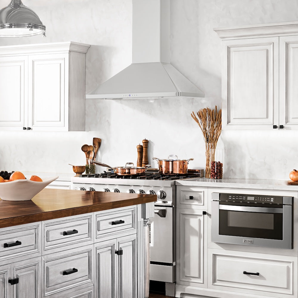 ZLINE 30 in. Convertible Vent Wall Mount Range Hood in Stainless Steel (KF1-30) in a luxury kitchen.