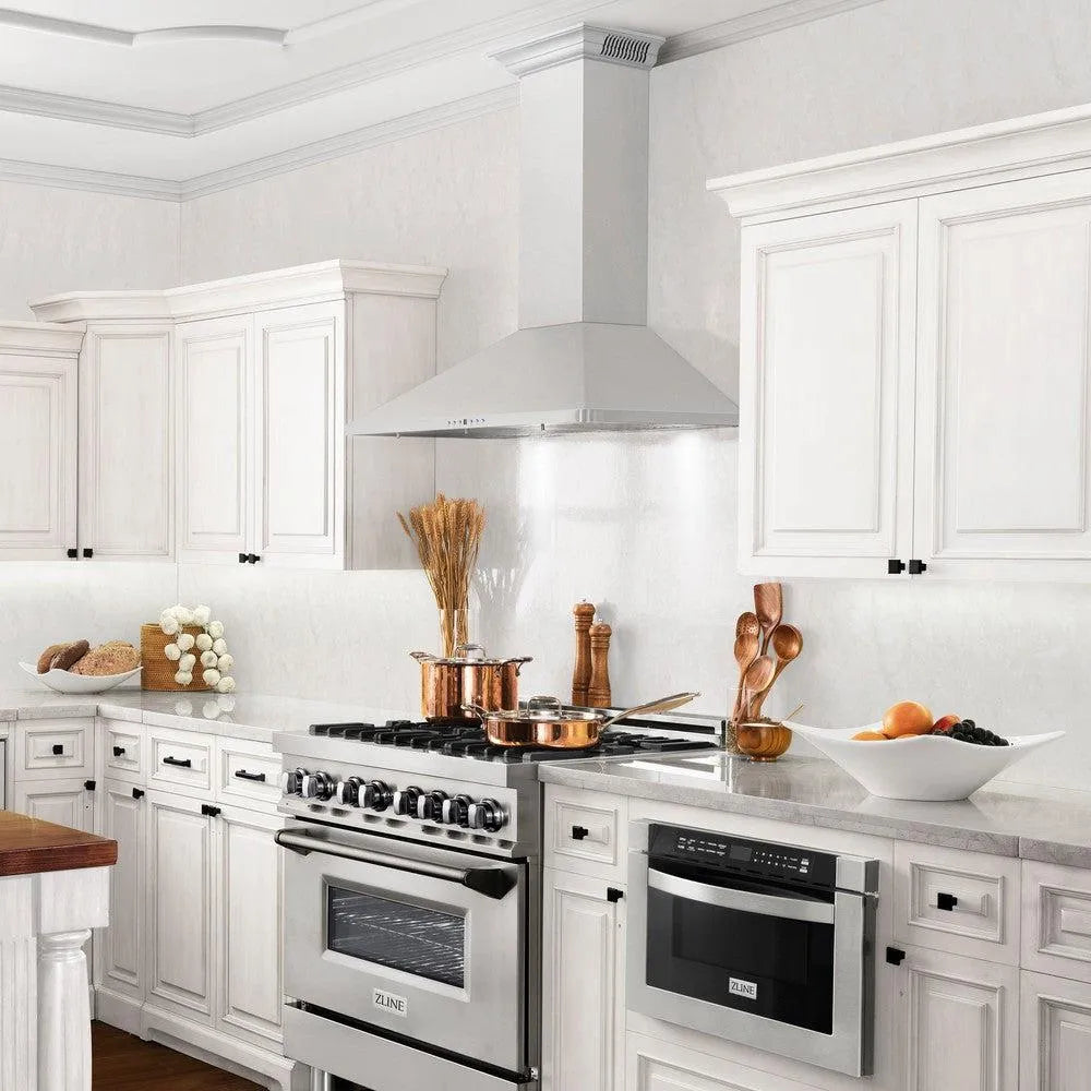 ZLINE 30 in. CrownSound™ Ducted Vent Wall Mount Range Hood in Stainless Steel with Built-in Bluetooth Speakers (KF1CRN-BT-30) in a luxury kitchen.