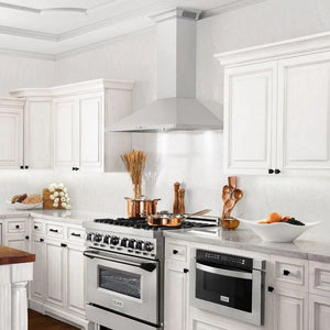 ZLINE 30 in. CrownSound™ Ducted Vent Wall Mount Range Hood in Stainless Steel with Built-in Bluetooth Speakers (KF1CRN-BT-30) in a luxury kitchen.