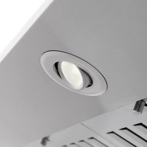 ZLINE 30 in. CrownSound™ Ducted Vent Wall Mount Range Hood in Stainless Steel with Built-in Bluetooth Speakers (KF1CRN-BT-30) built-in lighting.