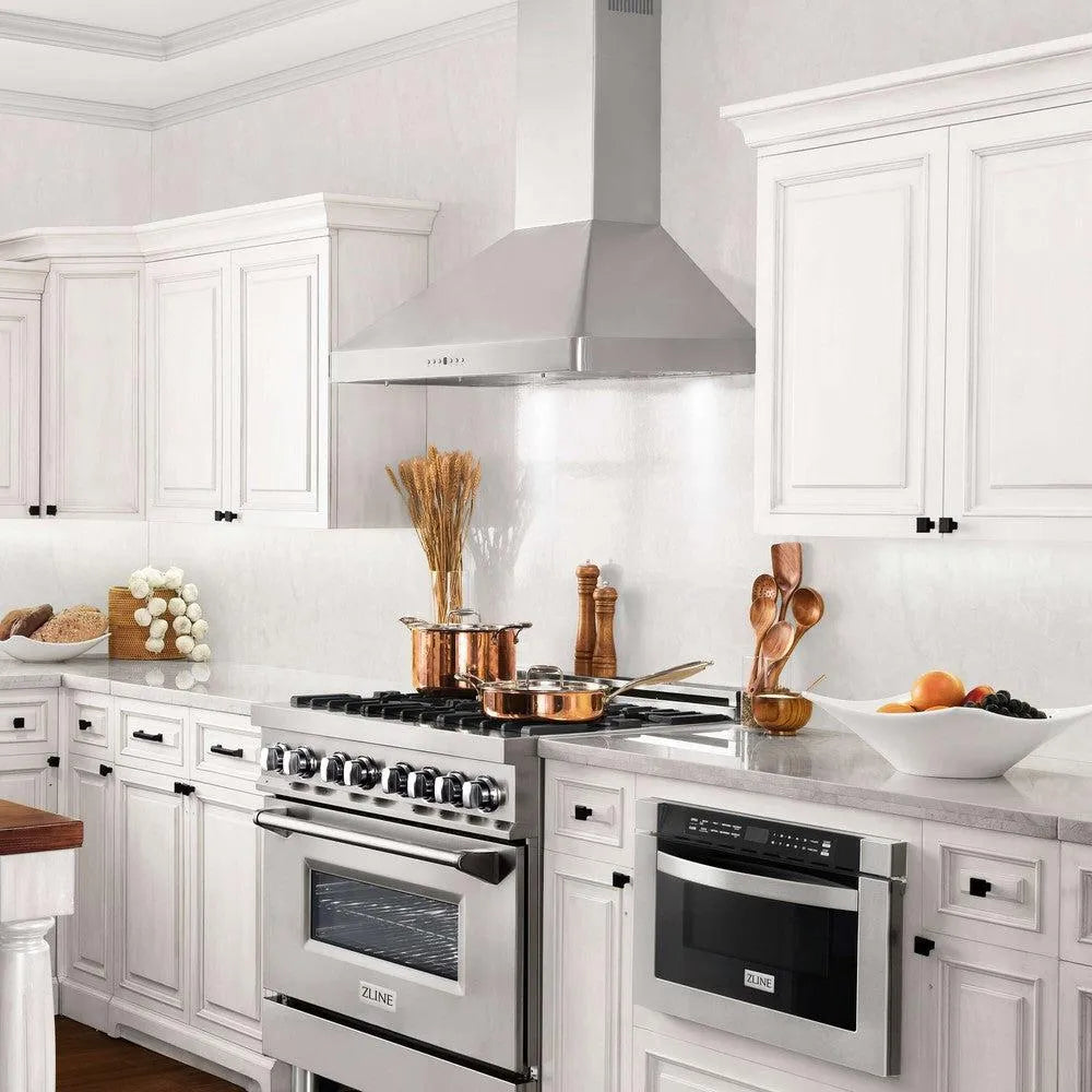 ZLINE 36 in. Convertible Vent Wall Mount Range Hood in Stainless Steel (KF2-36) in a luxury kitchen.