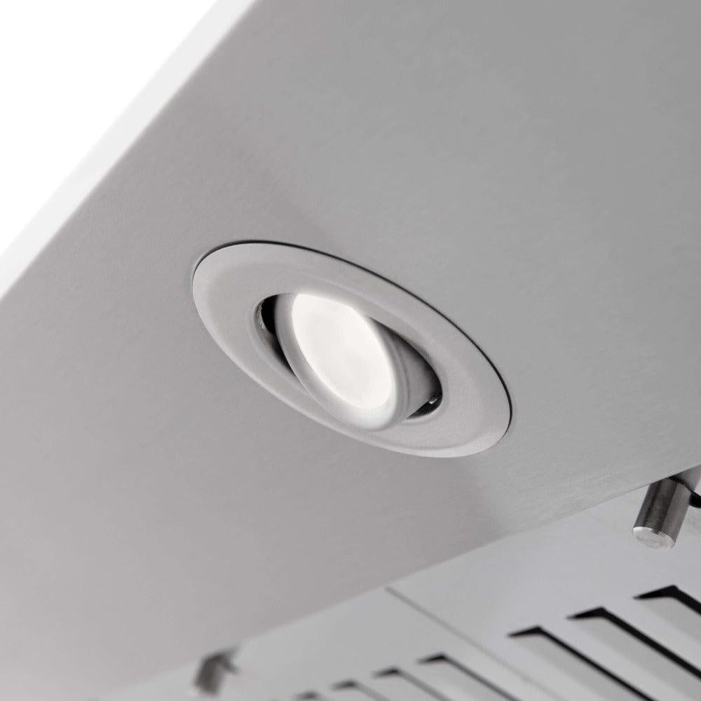 ZLINE 30 in. CrownSound™ Ducted Vent Wall Mount Range Hood in Stainless Steel with Built-in Bluetooth Speakers (KF2CRN-BT-30) built-in lighting.