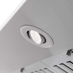 ZLINE 30 in. CrownSound™ Ducted Vent Wall Mount Range Hood in Stainless Steel with Built-in Bluetooth Speakers (KF2CRN-BT-30) built-in lighting.