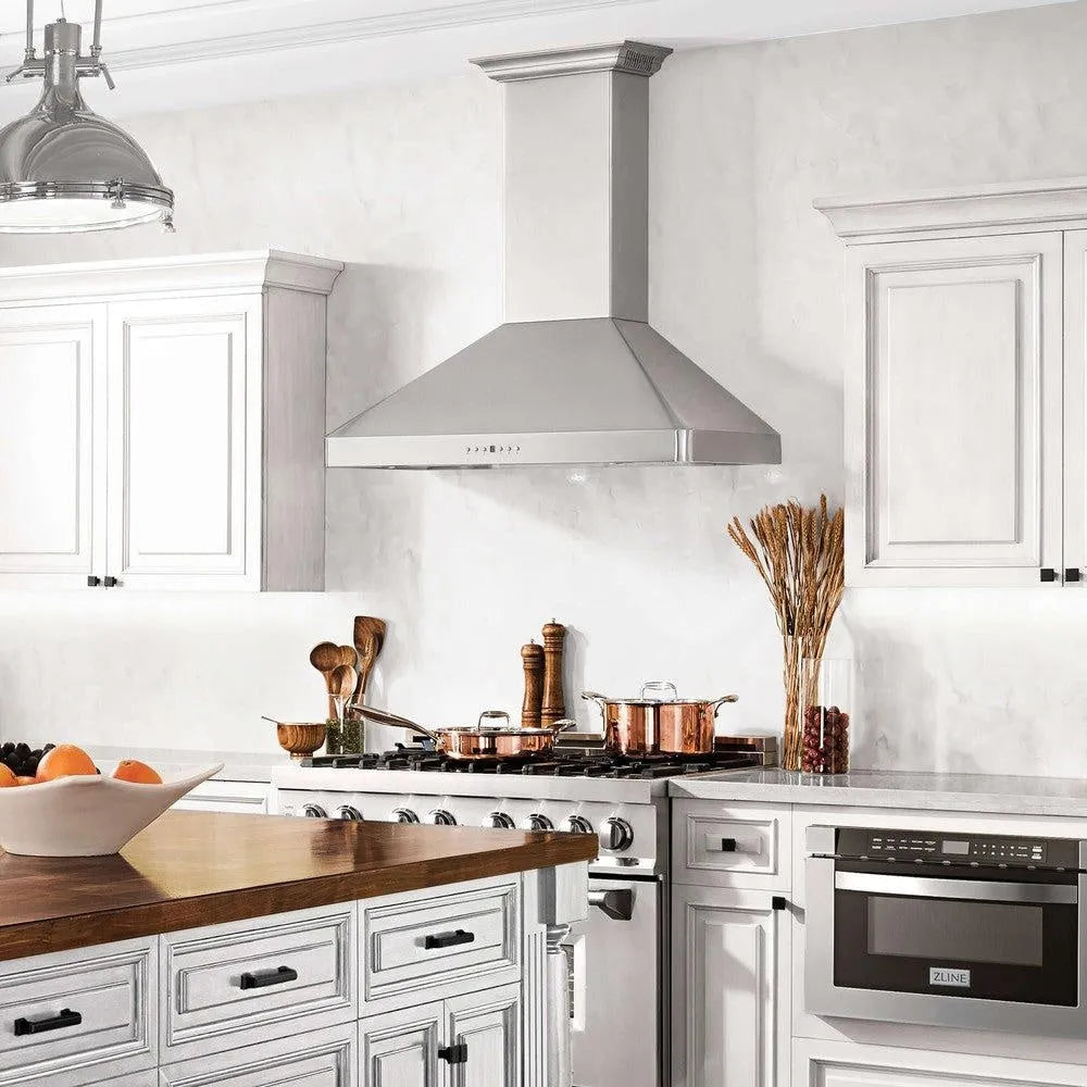 ZLINE 30 in. CrownSound™ Ducted Vent Wall Mount Range Hood in Stainless Steel with Built-in Bluetooth Speakers (KF2CRN-BT-30) in a luxury kitchen.